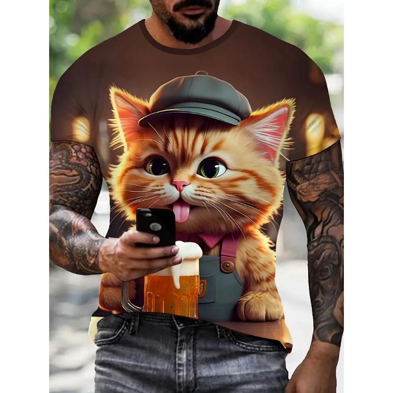 

Мужская повседневная футболка с круглым вырезом и 3D-принтом, легкая и удобная для летней носки, модная и стильная, универсальная футболка с мультяшным котом 6XL