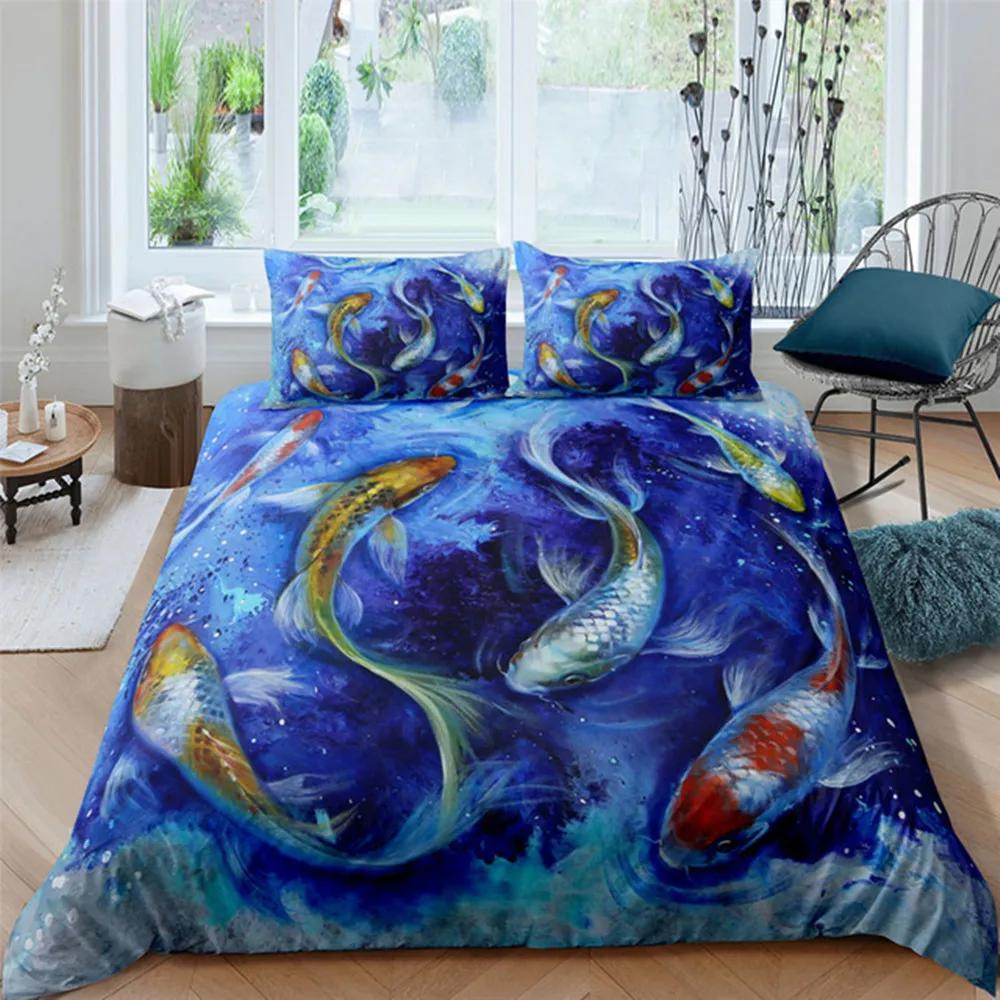 Japanese Duvet Cover Koi Carp Couple Swimming Cherry Blossom Branch Culture Design For Bedroom Decorative Orange Grey Women Men
