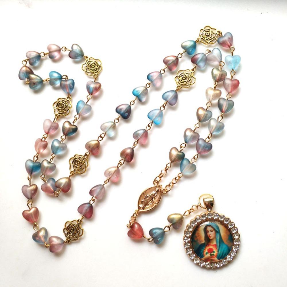 Retro Rosary Beads Chains Acrylic Glass Mary Necklace Trendy Prayer Pendant Jewelry Gift