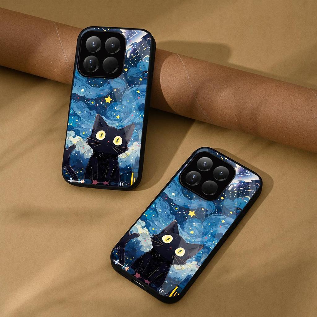 Case for Xiaomi 15T Pro 15 Anime Black Cat Starry Cloud Print Phone Cover Acrylic Hard Back Shell With Flexible TPU Edge