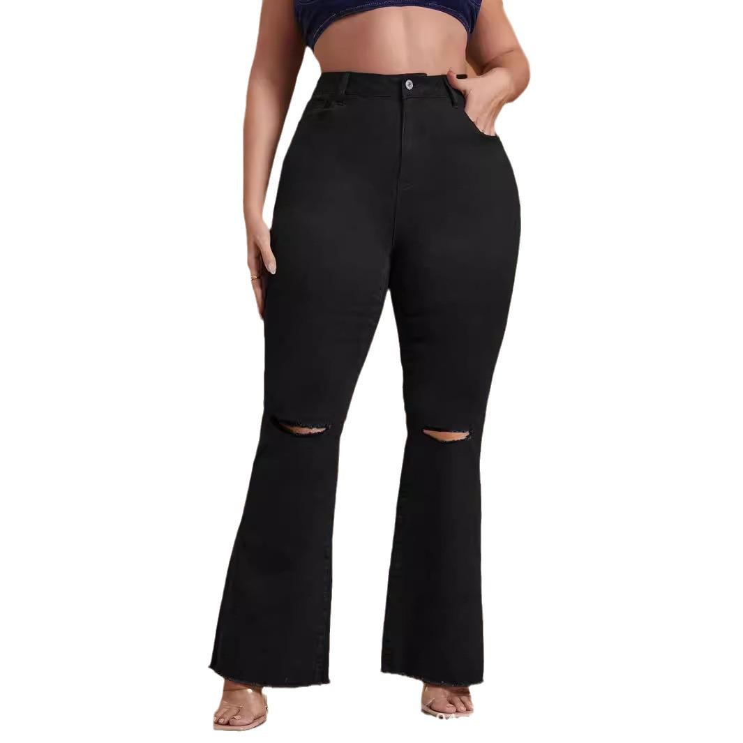 

European & American Black Stretch Ripped Flared Jeans 4XL чорний