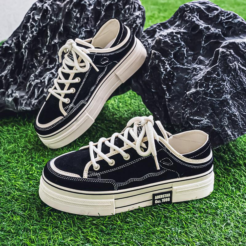 Fashion 2025 Spring New Thick Soled Height Increasing Men's Canvas Casual Fashion Trend Flat Shoes Comfortable Non slip Lace-up Sneakers