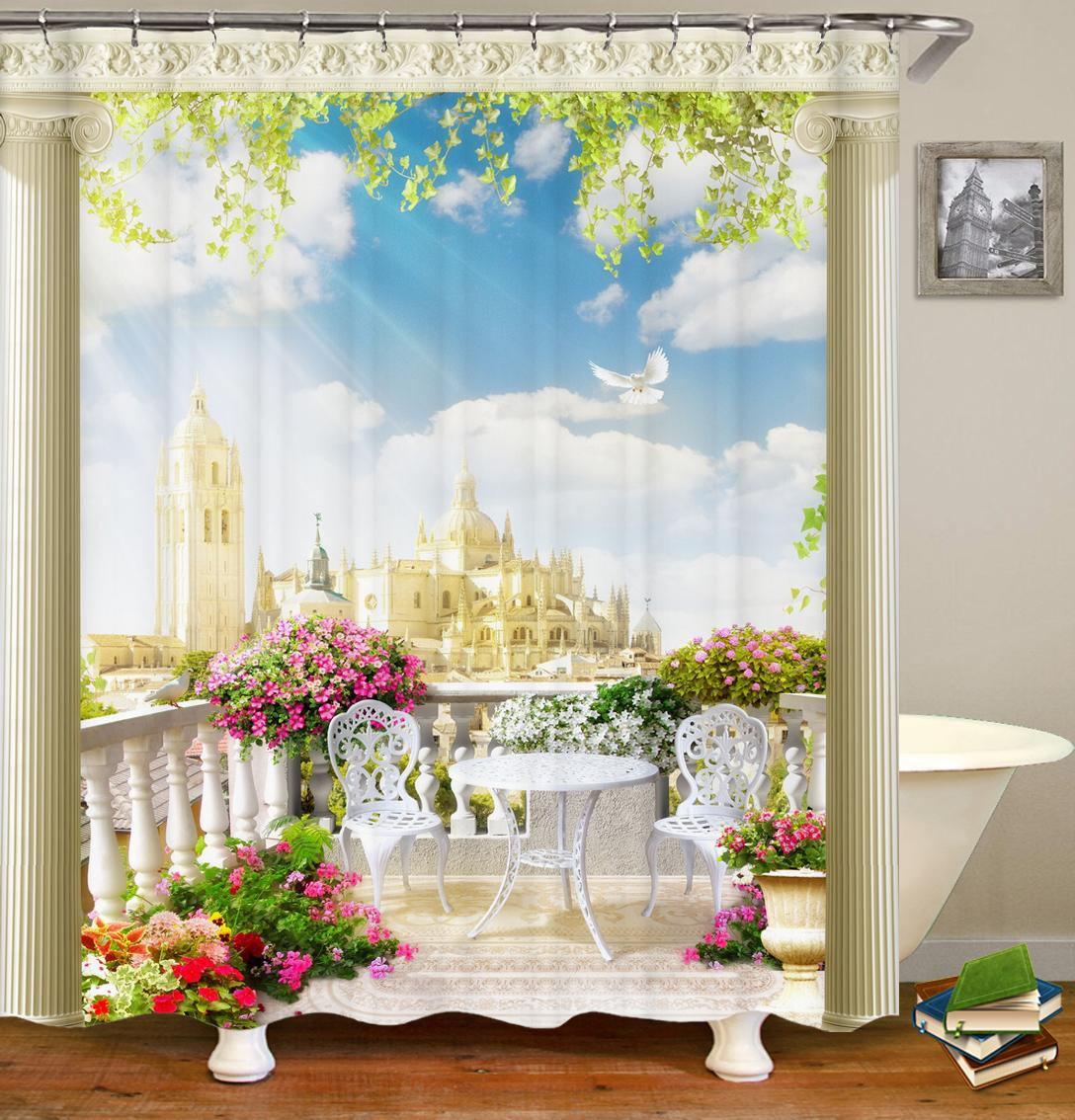 

Garden Flowers Rural Landscape Fabric Shower Curtain Bathroom Curtains Idyllic Scenery Waterproof Bath Screen With 12 Hooks W60H190(CM)-1 Pcs
