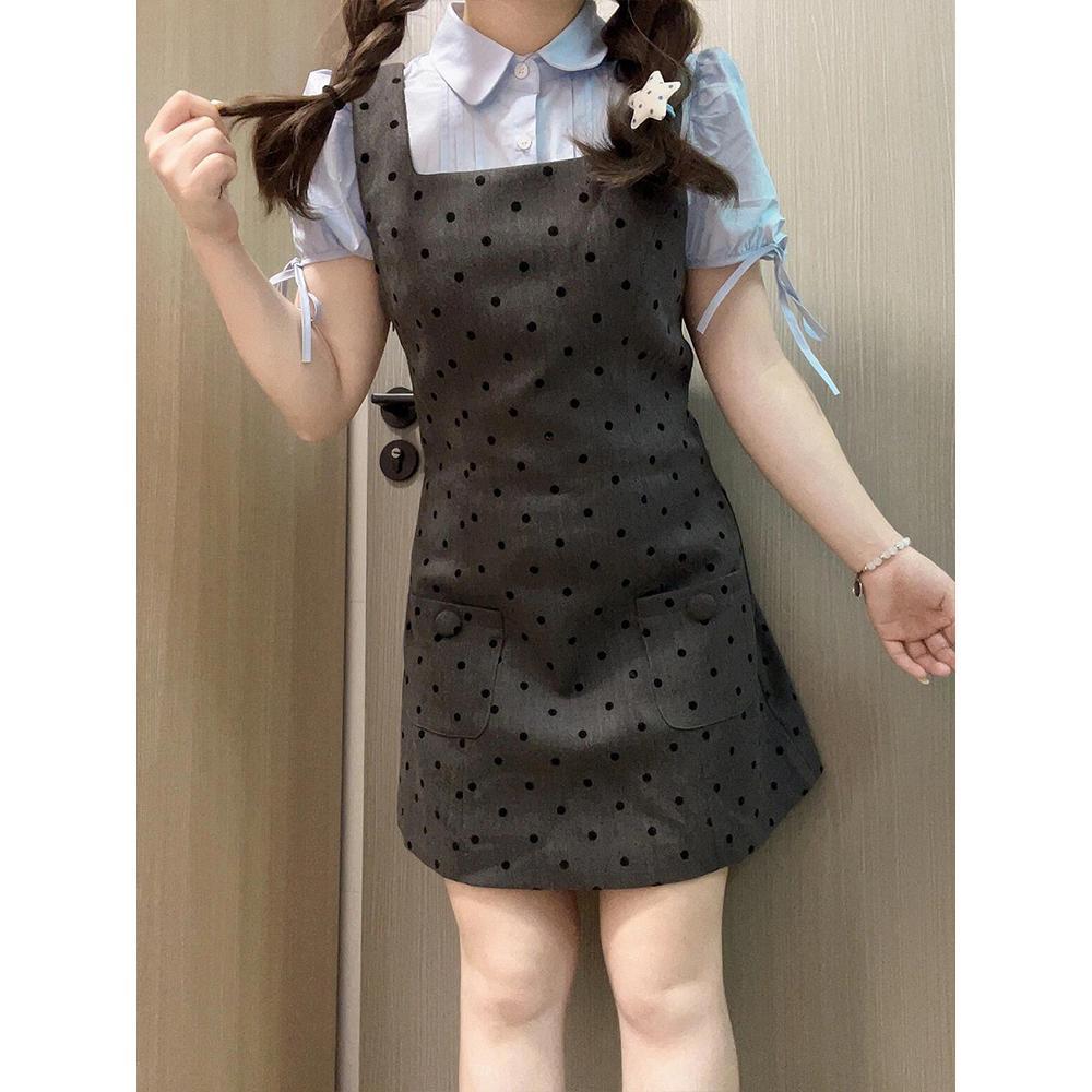 Preppy suit polka dot camisole dress petite dress women's new summer short-sleeved strappy shirt