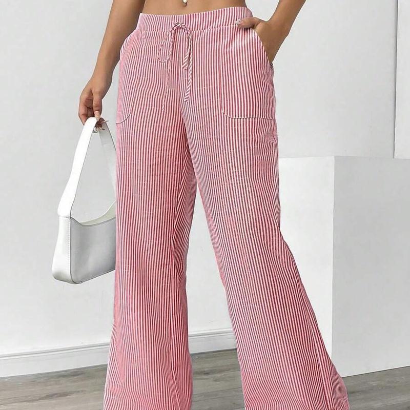 Women's Striped Wide Leg Pants Drawstring Waist Loose Fit Casual Trousers