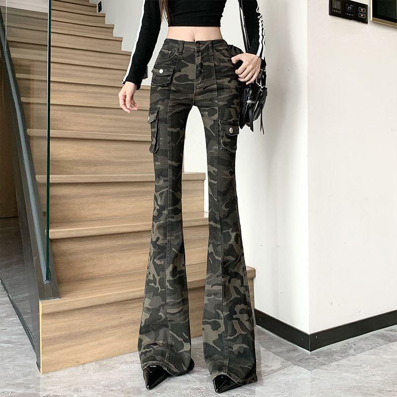 

Fashion Retro Hong Kong Style Spring New Arrival High Waist Camouflage Pocket Silm Slim Looking Horn Denim Trousers Overalls Female Picture Color XL