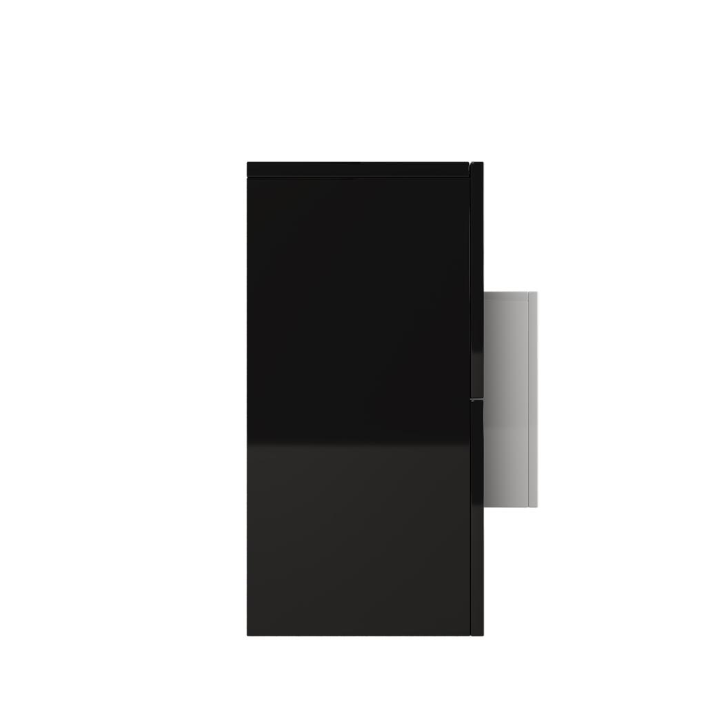 Stylish TV cabinet, low panel. High-gloss white and black, 200 cm, LED lighting. Living room furniture. Modern design. Elegant glass surface.