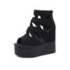 Jimei House Women's Platform Sandals, Open Toe, Black, Lightweight, Easy to Walk in, Zippered Wedges, 14cm High Heel, 5.5cm Waterproof, Summer