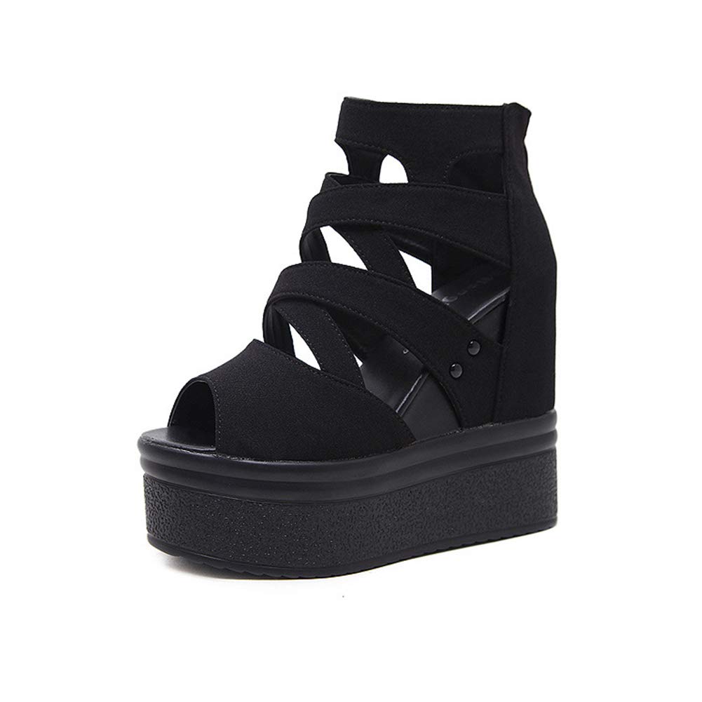 Jimei House Women's Platform Sandals, Open Toe, Black, Lightweight, Easy to Walk in, Zippered Wedges, 14cm High Heel, 5.5cm Waterproof, Summer