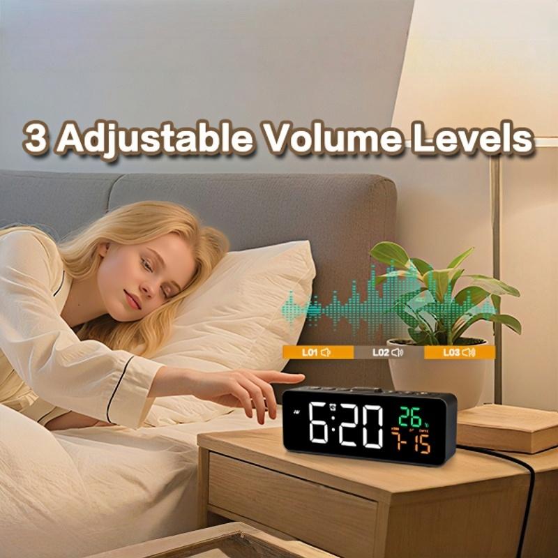 USB Powered Digital Alarm Clock TEMP Date Display 5 Levels Brightness Snooze Table Clock 3 Levels Alarm Volume 12/24H LED Clock