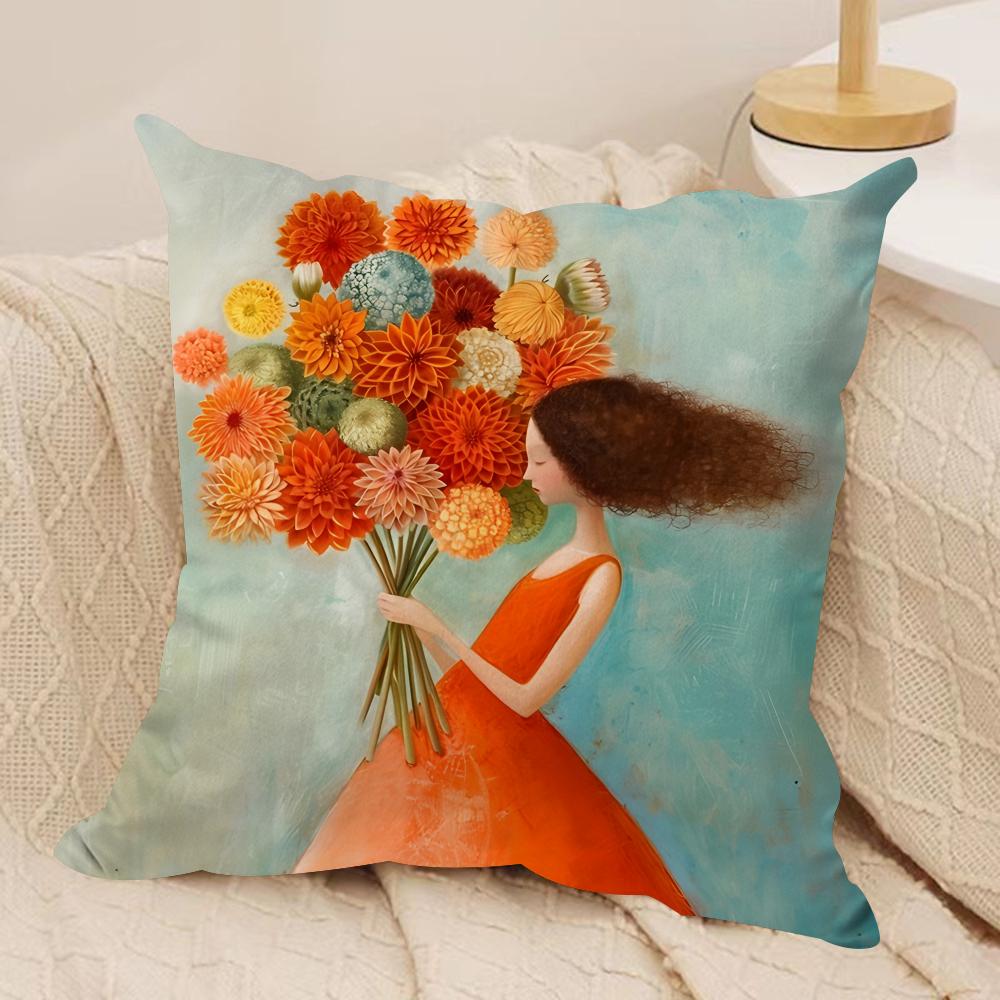 The girl is holding flowers Cushion Cover Soft Plush DoubleSided Printed Sofa Pillow Cushion Cover  Cozy AllSeason Decor Gift