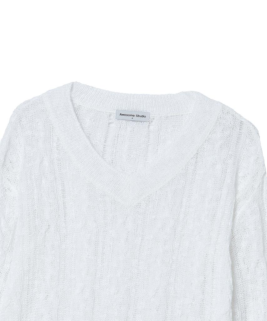 AWESOME STUDIO Distressed See-Through Long Sleeve Knit White