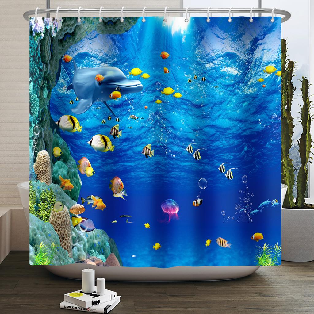 Underwater World Ocean Shower Curtain for Bathroom Seabed Animals Sea Turtle Dolphin Fish Waterproof Bathroom Curtain With Hooks