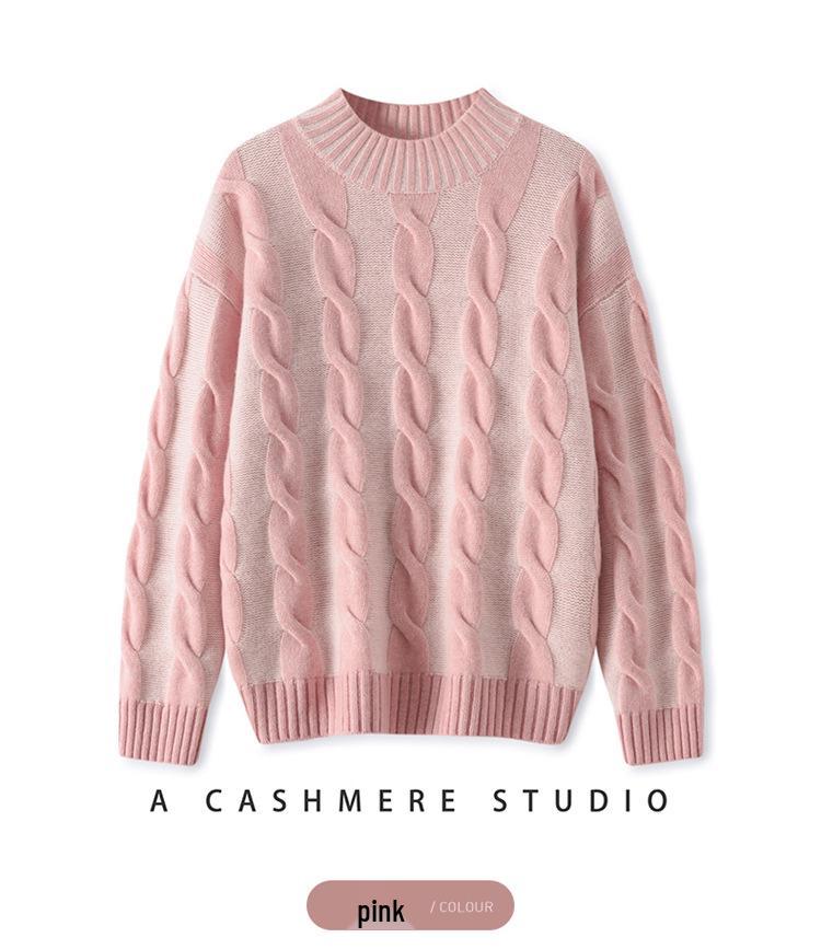Heavyweight Contrast Color Cable Knit Cashmere Sweater - Autumn/Winter, Long Sleeve, Textured, Thick, Fashionable, Loose Fit Knitwear.