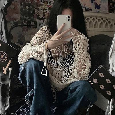 Y2k oblečení Y2k Spider Web Dutý Hole Design Spice Girl Pulovr s kapucí Pletený Top Svetr Ženy Korejská móda