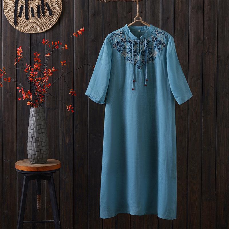 Summer Chinese Style Mid-Length Ramie Printed Loose Dress XL