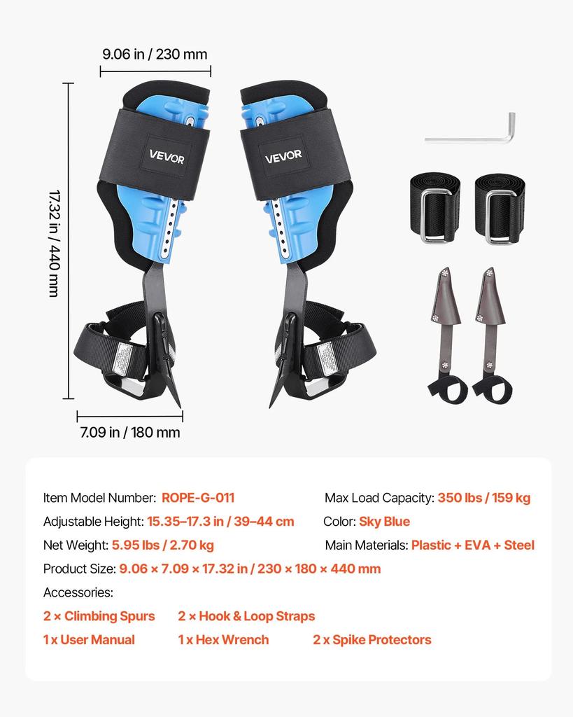 VEVOR Tree Climbing Spikes, Height-Adjustable Tree Climbing Gear with Straps & Padding Cushion, 159 Kg Load Capacity