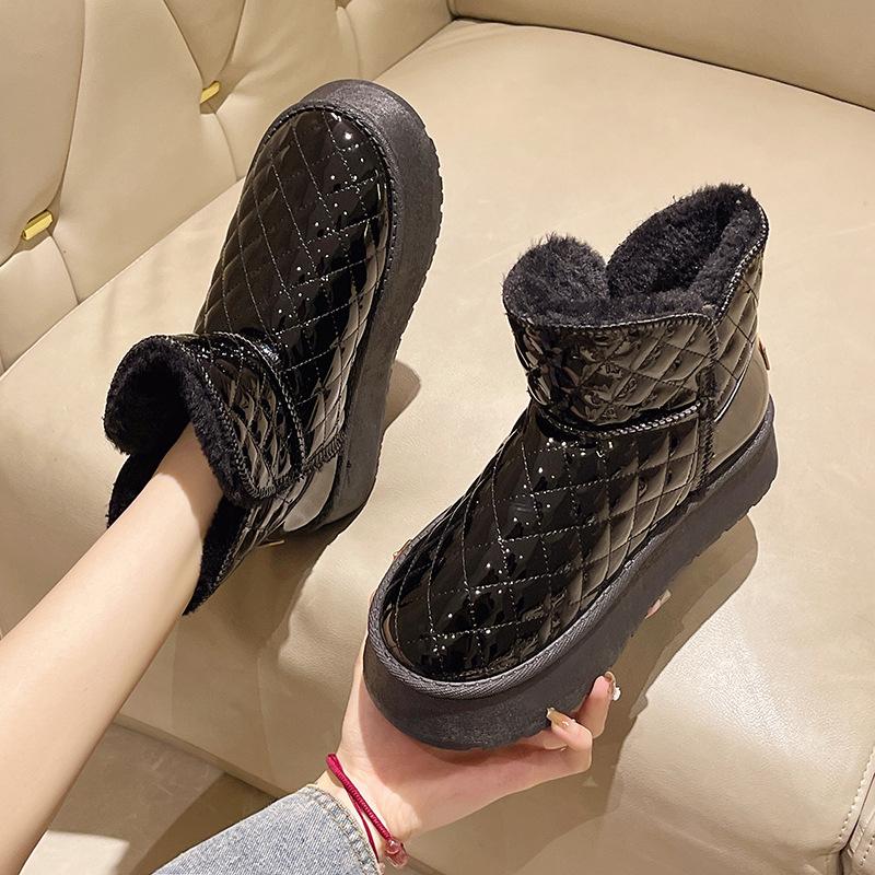 Botas de neve femininas novos sapatos de algodão de veludo de inverno botas curtas de couro femininas botas de algodão de neve femininas