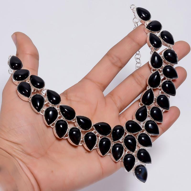 Splendid Top Grade Qualite 100% Natural Black Onyx Pear Shape Ethnic Handmade Jewelry 925 Steling Silver Necklace 18" WSJ-4765