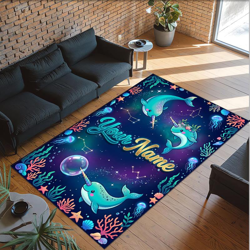 Mermaid Underwater Theme Crystal Velvet Rug Personalized Custom Name Text Soft Floor Mat Home Decor