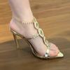 2025 New Open-toed Pointed Gem Rhinestone Chain Patent Leather One-word Strap Sandals Women's Summer Crystal Stiletto High Heels