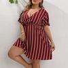 Mode Kurzarm Gestreift V-Ausschnitt Große Größe Kleid Elegante Damen Hohe Taille Lose Lässig A-Linie Party Kurzes Böhmisches Kleid Weibliche Damenbekleidung