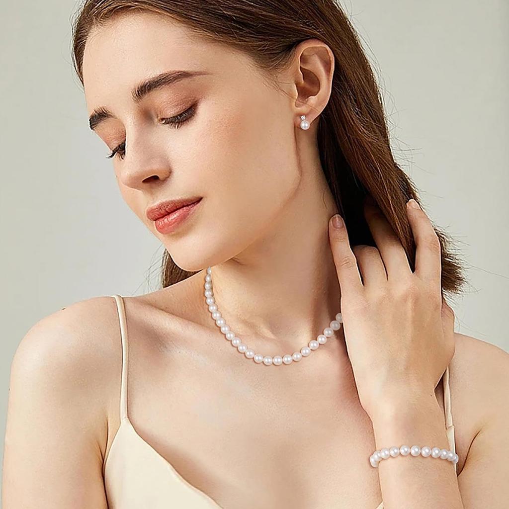 Elegant Pearl Necklace and Earring Set , Light Fashion Jewelry for Women , Electroplated Geometric Design