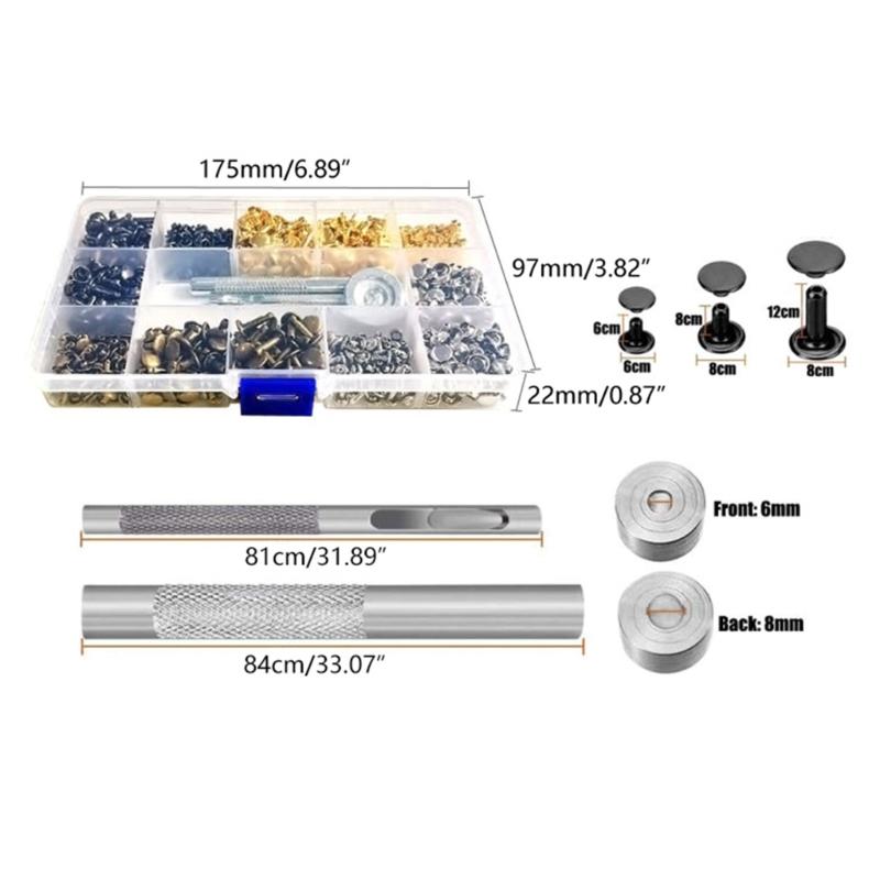 180Sets Leather Rivets Double Caps Rivets Tubular Metal Studs with 3 Setting Tool Punch Plier for Leather Craft Repair