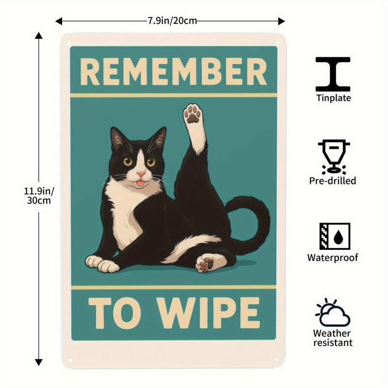 Funny Remember to Wipe the Cat Iron Wall Sign Cute Kitten D Decor Easy Mounting for Home Bathroom