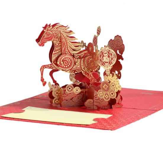 Biglietto di Capodanno Cinese Pop-Up 3D 2026 Anno del Cavallo Biglietto di Auguri con Busta Regali per la Festa di Primavera per Famiglia Amici