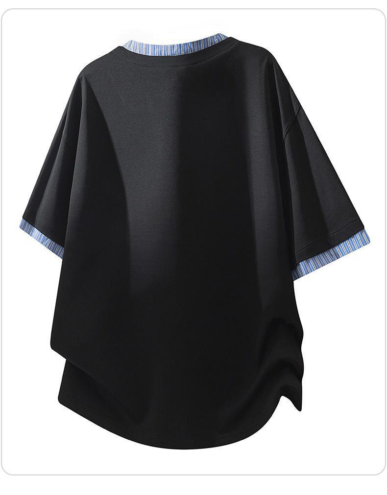 Men's Summer V-Neck Japanese Style Striped Two-Piece Look Shirt