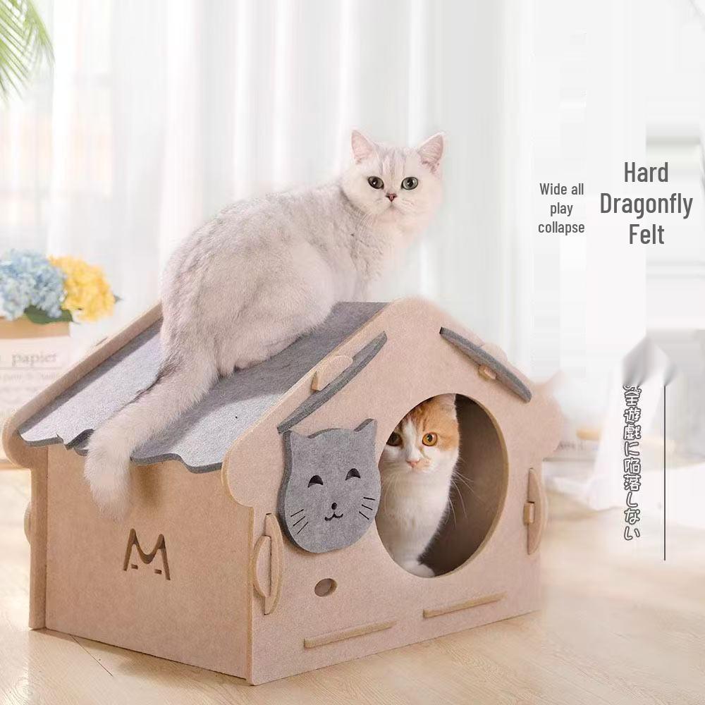 All-Season Felt Enclosed Cat Bed Villa - Detachable Pet Nest House