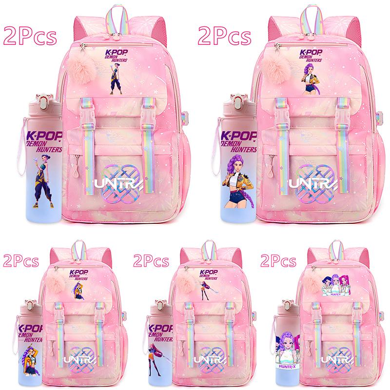 2Pcs/set Anime Cartoon Kpop Printed Backpack with 750Ml Water Bottler Large Capacity Travel Bag for Teenager Girl Boy Bookbag Kid Gift Rucksak