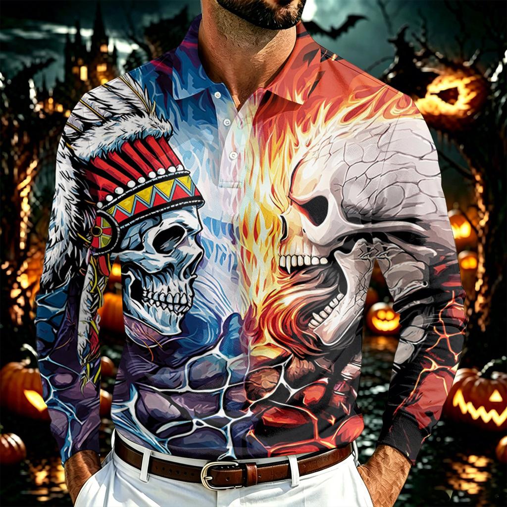 Men's Long Sleeve Mesh Shirt with Collar and Halloween Print Lightweight Breathable Top for Fall