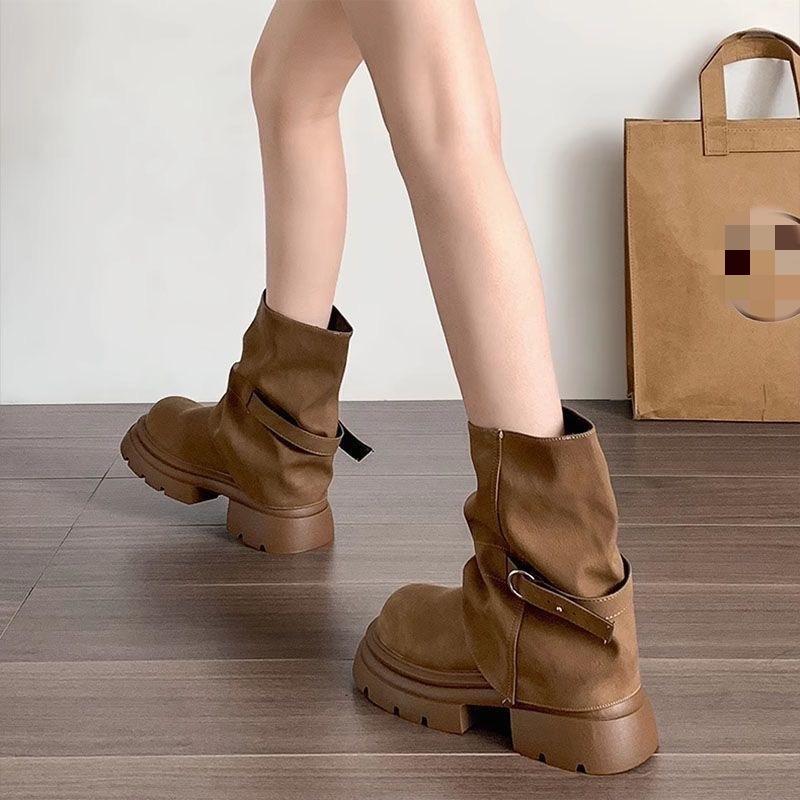 Height-increasing platform Martin boots women's autumn new fashion retro thick heel brown stacking boots short trouser boots
