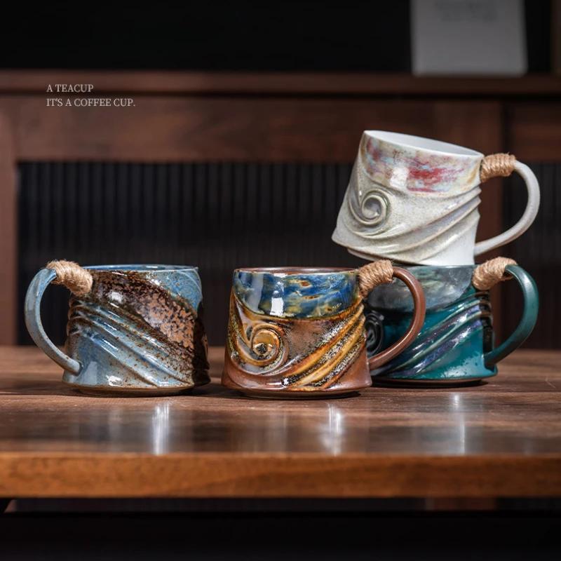 

Japanese Style Spiral Hemp Rope Coffee Mug Creative Retro Rough Ceramic Mugs Living Room Decoration Breakfast Milk Tea Cup Gifts 301-400ml