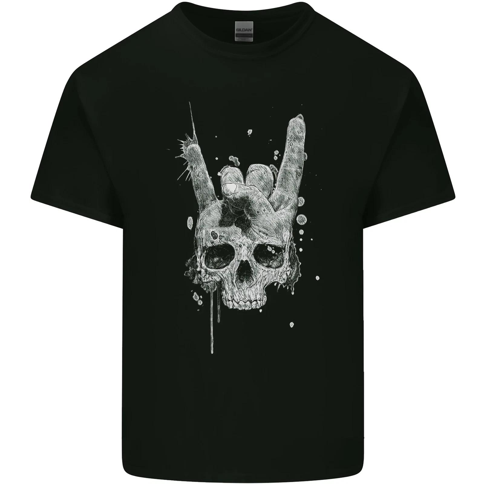 Rock n Roll Music Salute Skull Biker Gothic Kids T-Shirt Childrens XL