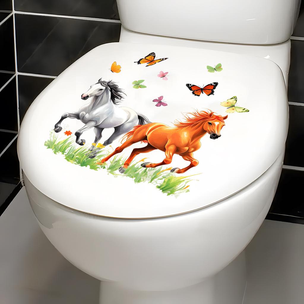 Elegant Horse & Butterfly Toilet Stickers, Waterproof Removable Self-Adhesive for Bathroom Decor