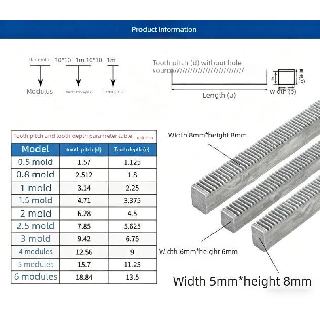 1pc 0.5Mod 45# steel Rack 0.5 Module Straight Teeth Drive Rack Length 200/500mm 5x5 6x8 8x8 8x10 8x12 10x10 12x12 Spur Rack