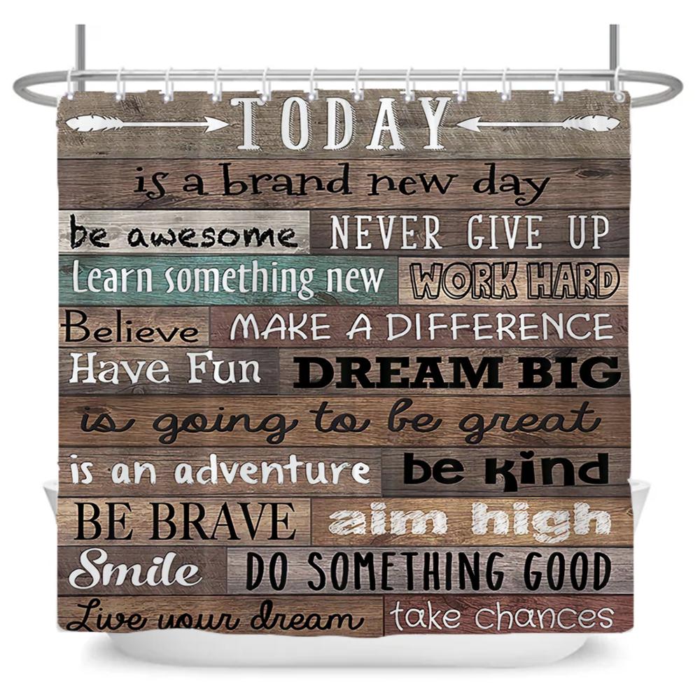 Vintage Rustic Style Wood Grain Letter Shower Curtains Bathroom Curtain Waterproof Polyester Decor Curtain with Hooks Wall Cloth
