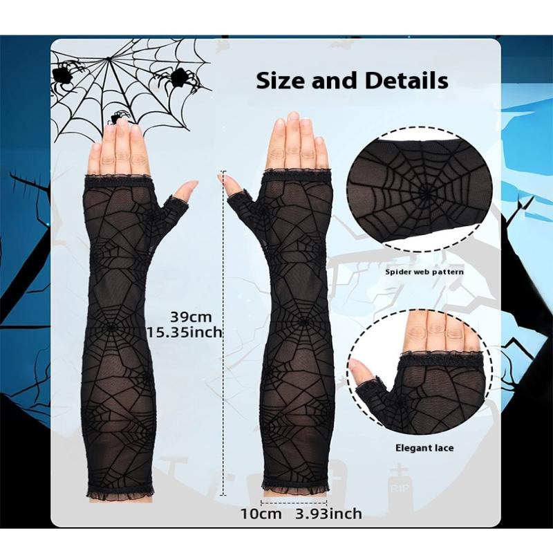 Fancy Thin Halloween Gloves Gothic Lolita Spider Web Gloves Long Half-Finger Mesh Mitten Cosplay