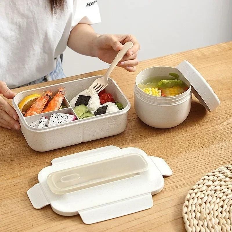 Portable Cutlery Set Square Wheat Straw Lunch Box Soup Bowl with Spoon Fork School Office Camping Food Container Tableware Set