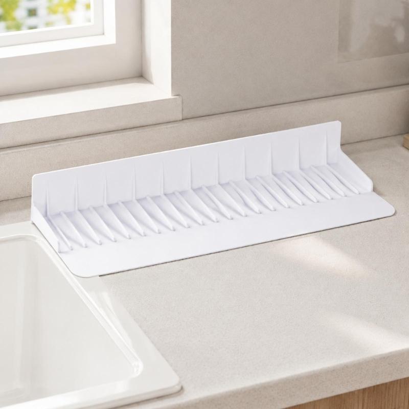 Scissor-Adjustable Sink Water Barrier for Single or Double Bowls with Ribbed Panel, Flexible Form and Return Flows Slope