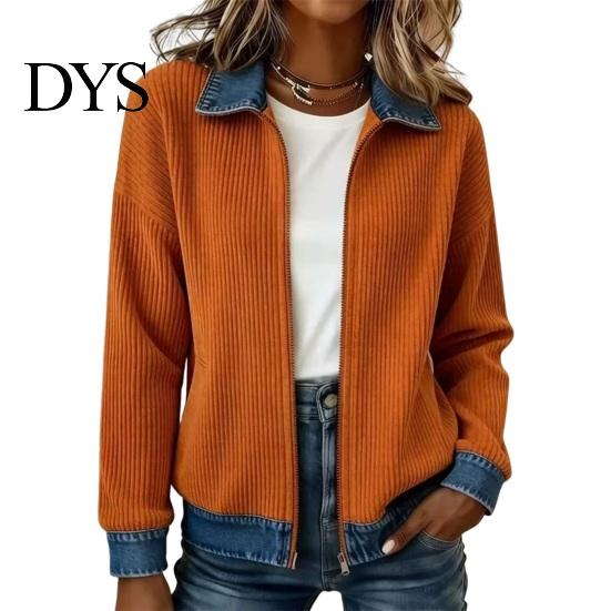 Spliced Denim Coat Damska Kurtka Zapinana na Zamek Sztruksowa, Długi Rękaw Casualowy Płaszcz, Kontrastowy Kolor Ubrania Kurtka Jesień Zima z Kołnierzem Klapowym Luźna