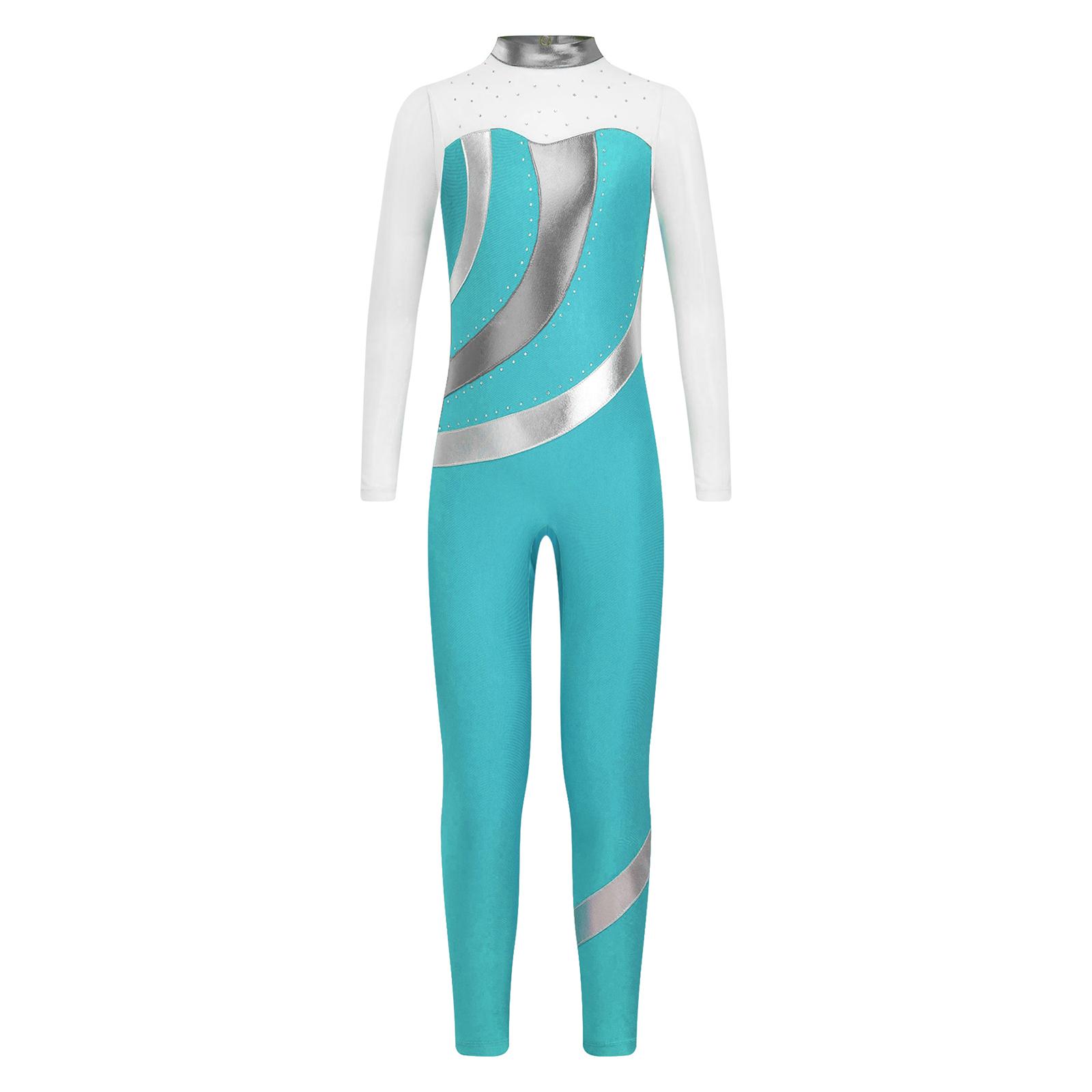 

Дівчачий гімнастичний боді металізований колор-блок прозорі сітчасті вставки прикрашений стразами комбінезон повної довжини 5-6 Years бірюзовий