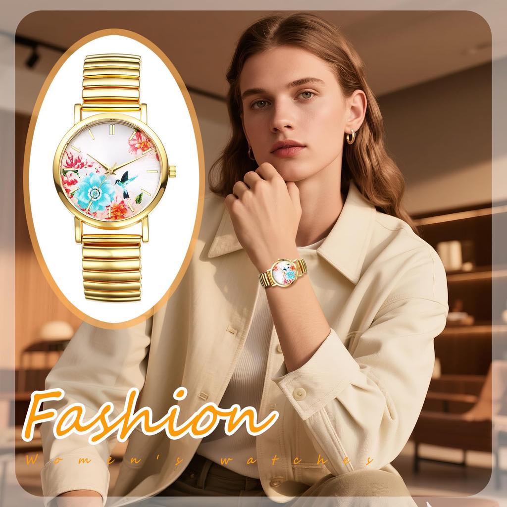 Floral and Pastoral Design Analog Quartz Watch with Adjustable Elastic Gold and Stainless Large and Stylish Perfect for or As a Gift for Her Women's