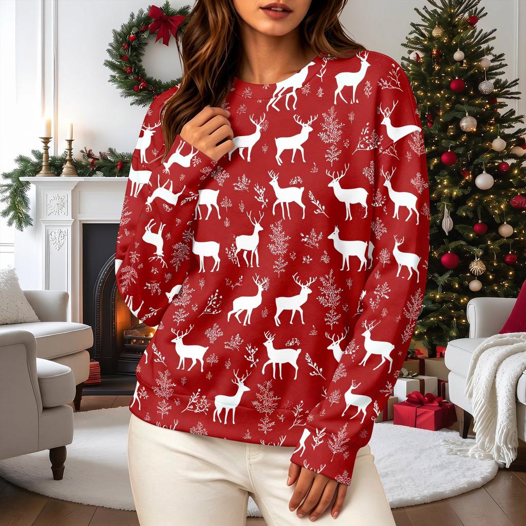 Women's Casual Long Sleeve Crewneck Sweatshirt with Christmas Print for Holiday