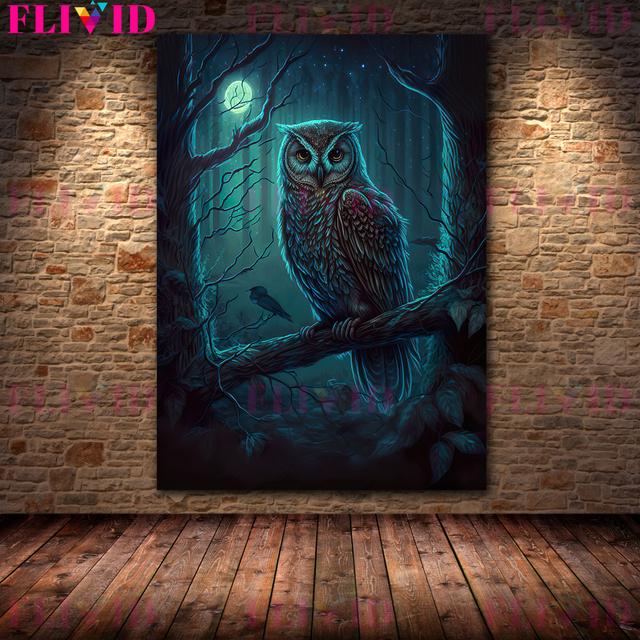 Geheimnisvolle Eulenkunst unter dem Vollmond, Wandölgemälde, magische Nacht, Katze, Kunstposter und Siegel