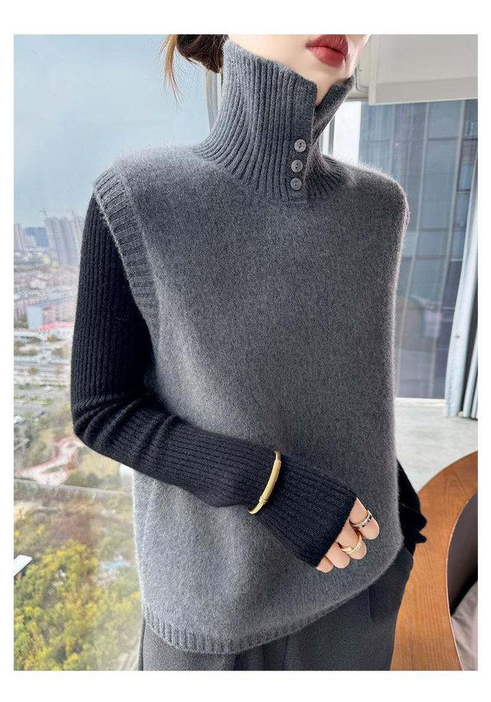 Women's Pure Wool Lapel Knit Vest - Solid Color Sleeveless Autumn/Winter Sweater Shawl
