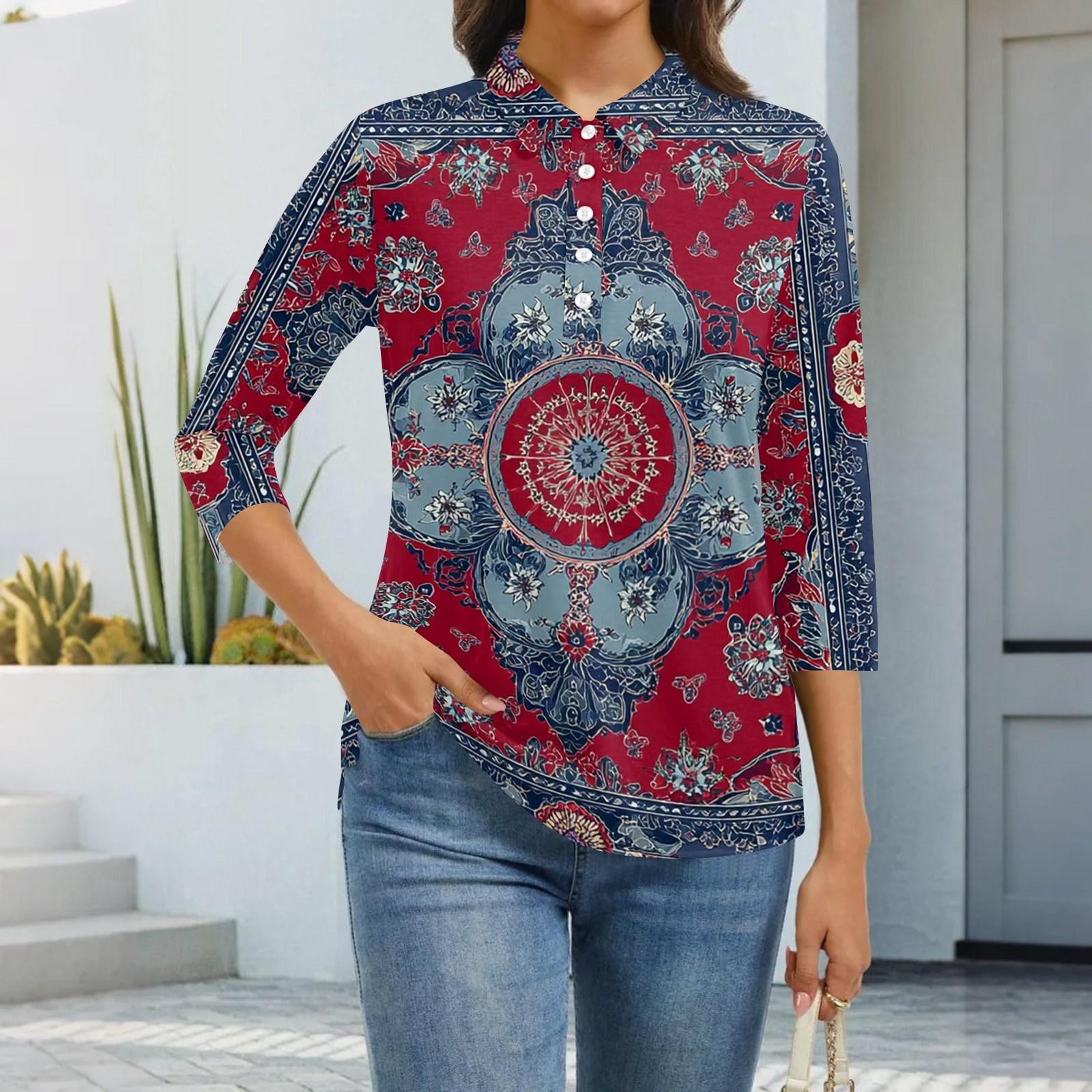 

Women s Fashion Casual Lapel Short 3/4 Sleeve Print Shirt Women s Button Up Tops XL красный